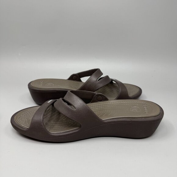 Crocs Patricia Wedge Sandals Women 9 Brown Rubber Slide Slip On Comfort Strappy - Picture 2 of 7